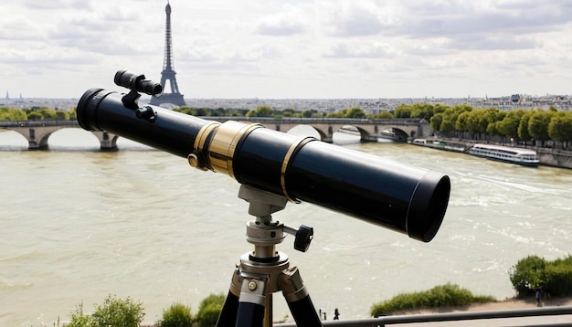 Un télescope devant un rail surplombant Paris et la Seine