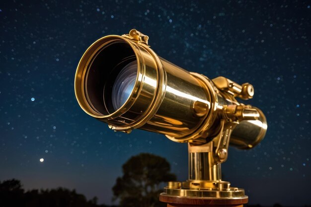 Un télescope en laiton sur un ciel étoilé.