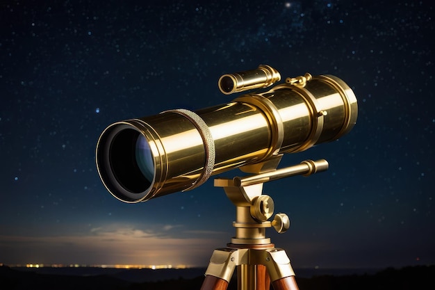 Un télescope en laiton sur un ciel étoilé.