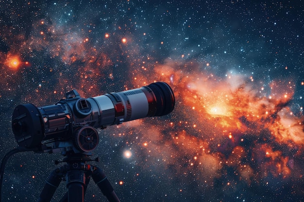 Photo un télescope avec une lentille sur un trépied devant un ciel rempli d'étoiles