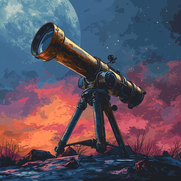 Télescope moderne sur un trépied dirigé vers les étoiles du ciel pour l'exploration spatiale Observation de cratères sur la lune comète voie lactée étoiles et planètes éloignées Illustration vectorielle de style dessin animé