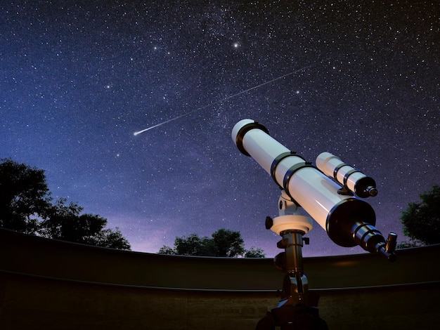 Photo télescope observant le ciel et l'étoile filante