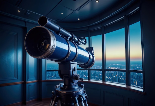 Un télescope placé dans une salle d'observatoire prêt à explorer les merveilles de l'univers