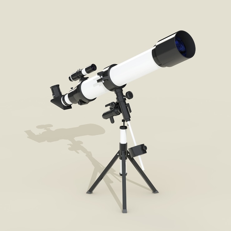 Photo télescope plat avec ombre longue et dure sur fond gris. rendu 3d