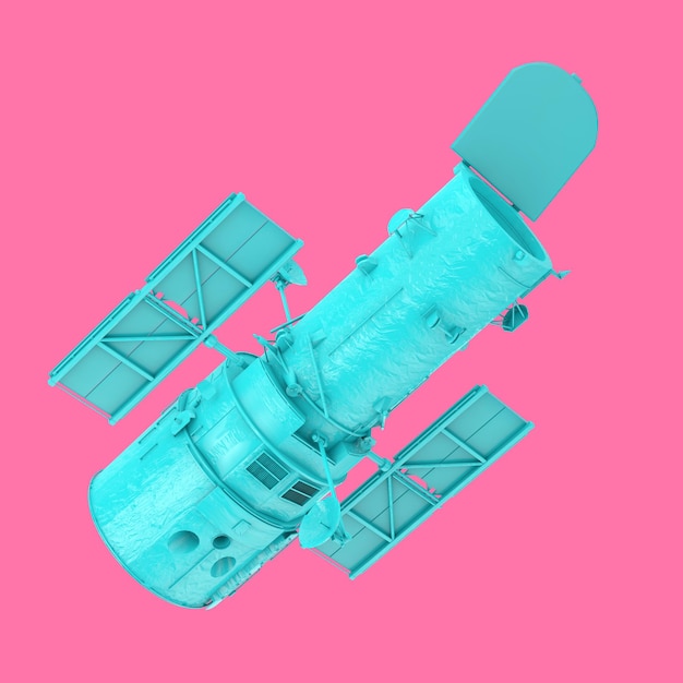 Télescope spatial bleu Hubble en style Duotone sur fond rose. Rendu 3D