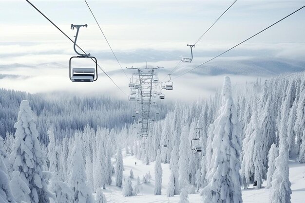 Photo une télésiège est suspendue au-dessus des arbres couverts de neige