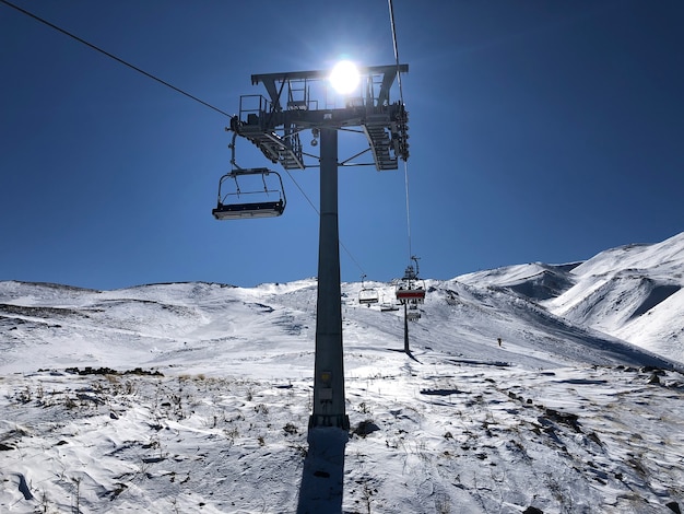 Téléski dans la station de ski d'Erciyes, Turquie. Beau relief, soleil éclatant, pentes enneigées.