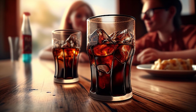 Les téléspectateurs à une table avec des verres d'excellent cola rafraîchissant closeup shot Generative AI