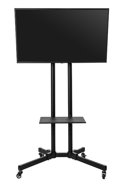 Téléviseur écran noir sur support métallique isolé sur blanc