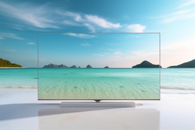 Photo un téléviseur à écran plat avec un ciel bleu clair et une montagne en arrière-plan