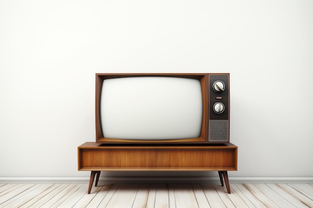 Un téléviseur élégant sur une table de bois chic contre un mur blanc