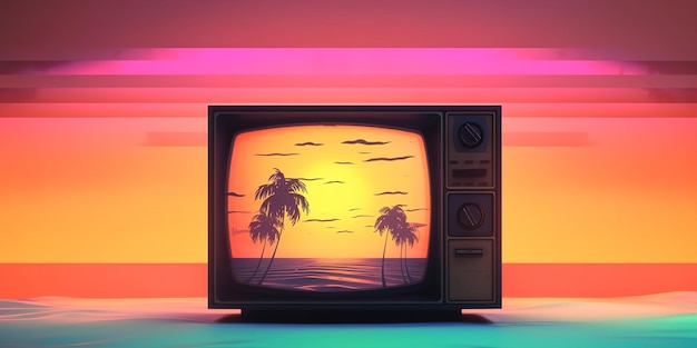 Photo téléviseur rétro style synthwave sur un fond de coucher de soleil tropical