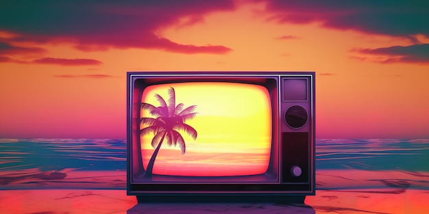 Photo téléviseur synthwave cool et rétro sur un magnifique fond de coucher de soleil tropical