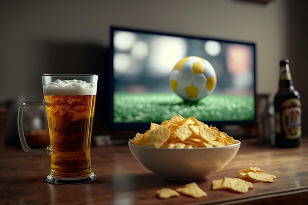 Télévision Télévision regarder un match de football avec des collations et de l'alcool se détendre devant la télévision Un match de fan jouer sur une assiette de croustilles chope de bière sur la table Popcorn boissons