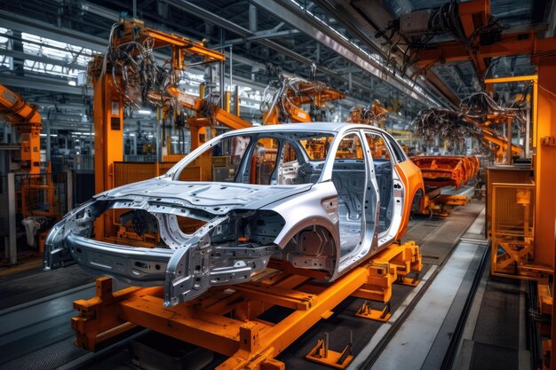 Témoin de l'assemblage systématique d'une voiture alors qu'elle passe par la ligne de production d'une usine de fabrication La ligne d'assemblage robotique dans une usine automobile