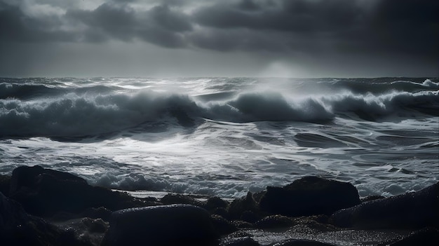 Une tempête arrive sur les rochers.