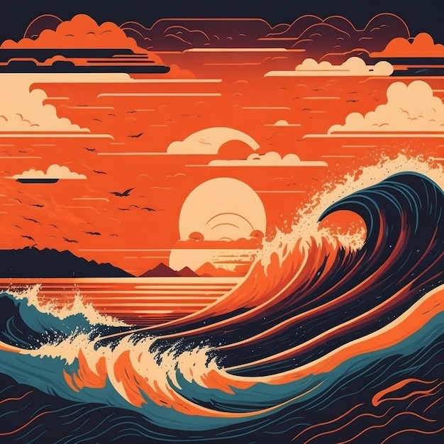 Tempête au coucher du soleil vagues de l'océan illustrations vectorielles de conception plate