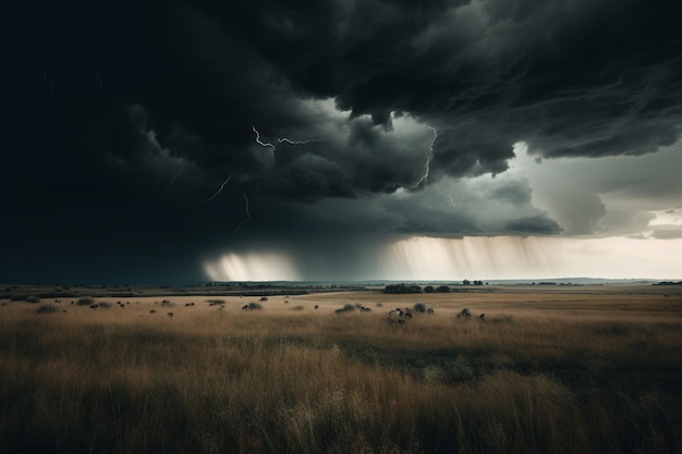 Une tempête sur un champ avec des bisons en arrière-plan