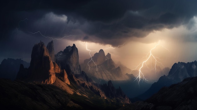 Une tempête dans les montagnes avec un éclair au sommet