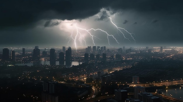 Une tempête dans la ville avec des éclairs sur la ville