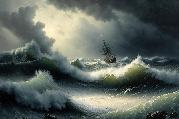 Une tempête déchaînée déchaîne sa colère sur l'océan avec des vagues massives qui déferlent et s'écrasent les unes contre les autres. Généré par l'IA