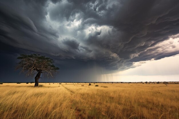 Une tempête dramatique s'approchant de la savane africaine créée avec une IA générative