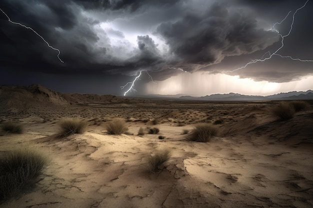 Tempête du désert avec des nuages sombres et des éclairs au loin