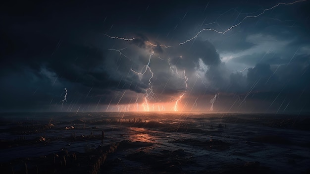 Une tempête avec des éclairs à l'horizon