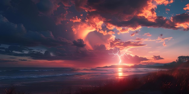 Tempête de feu dans le ciel nocturne au-dessus de la forêt Tempête sur la mer Ciel orageux Ai généré