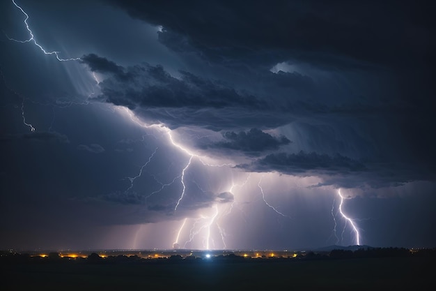 Une tempête de foudre au-dessus d'une ville la nuit