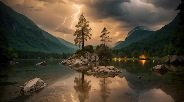 Une tempête frappe les montagnes et le lac est éclairé par la foudre.
