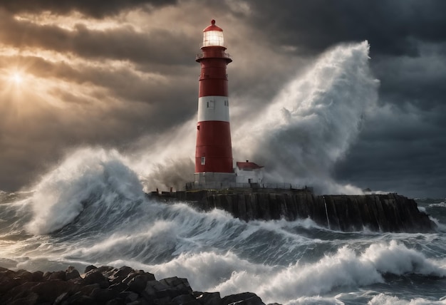 Tempête avec de grosses vagues au-dessus du phare de l'océan Generative AI