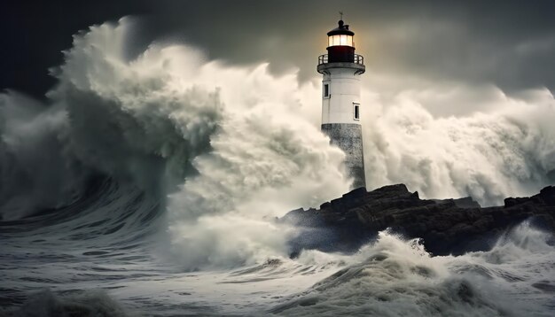 Tempête avec de grosses vagues sur le phare de l'océan