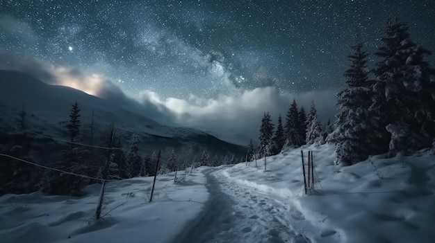 Une tempête hivernale dans les montagnes Les congères qui recouvrent les chemins et les routes rendent les déplacements difficiles mais les étoiles dans le ciel ajoutent un sentiment de paix et de tranquillité à la scène Generative AI