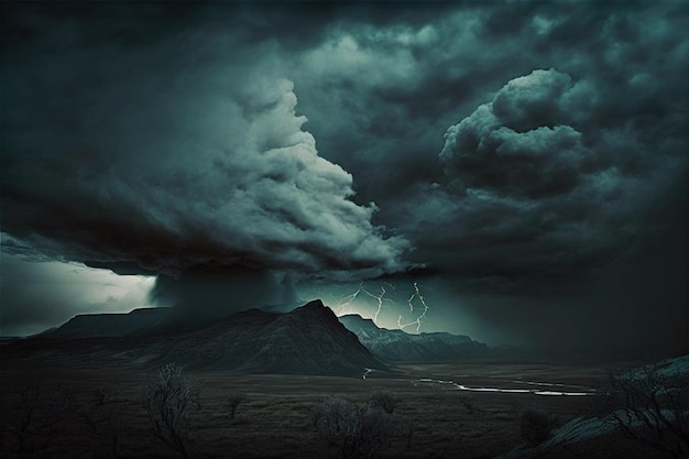 Une tempête avec une montagne en arrière-plan