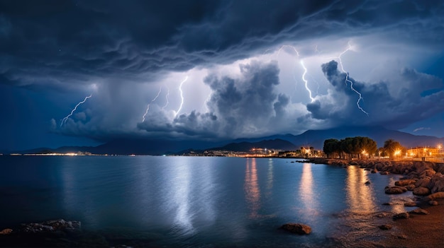 Photo la tempête nocturne capture l'intense puissance de la foudre au-dessus de la mer de la ciotats