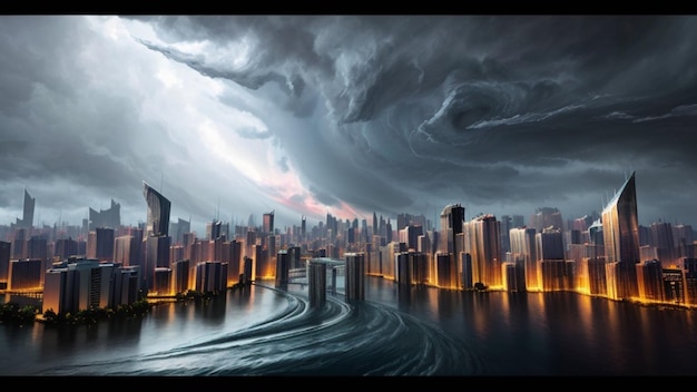 Tempête d'ouragan dans une ville futuriste de cyber-science-fiction métaverse