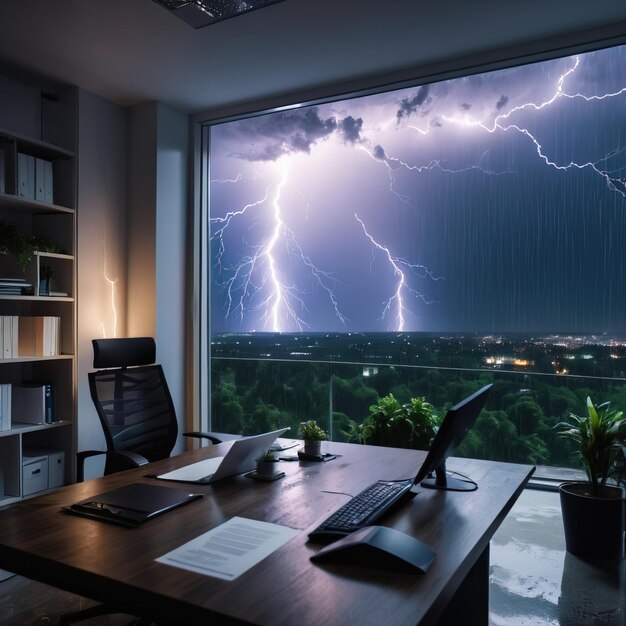 Photo tempête et pluie éclair à l'intérieur du bureau