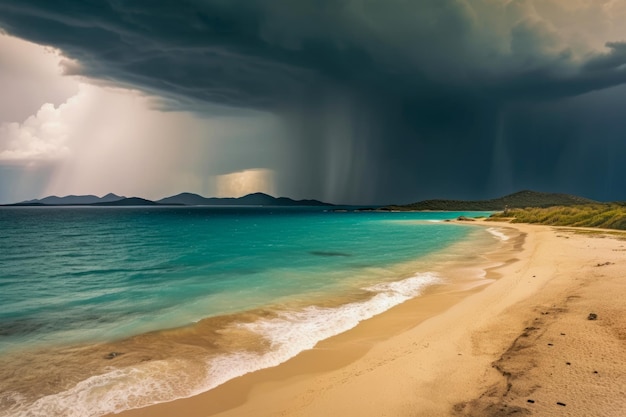 Photo une tempête de pluie entrante engloutit la plage, créant un mélange de beauté naturelle et de puissance de la nature