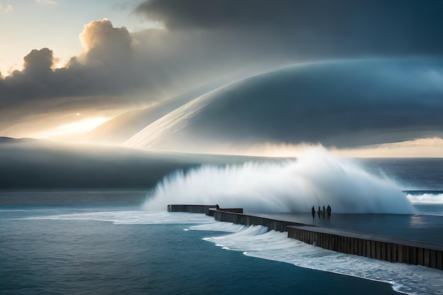 Une tempête s'écrase sur une jetée avec un gros nuage couvrant l'eau.