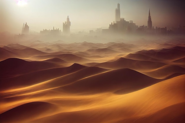 Tempête de sable dans la ville nuage de sable jaune dans l'illustration 3D de l'air