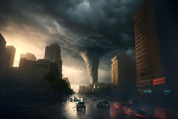 Photo tempête de tornade dans le centre-ville avec ciel sombre et mauvais temps art généré par le réseau de neurones