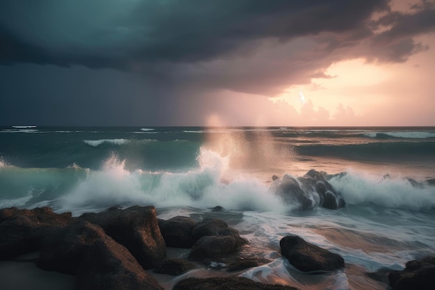 Tempête tropicale avec des éclairs dans le ciel et des vagues à l'horizon créées avec une IA générative