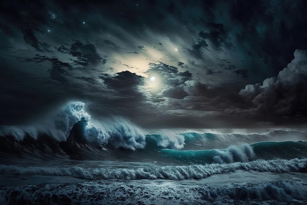 Une tempête tumultueuse se prépare dans la vaste étendue de l'océan avec des nuages sombres qui se rassemblent au-dessus de la tête et des vagues générées par l'IA