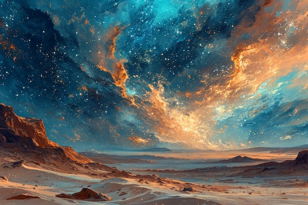 Des tempêtes de sable étoilées tourbillonnantes peignant le ciel du désert avec une danse céleste envoûtante. IA générative
