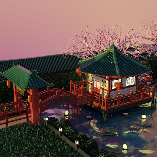 temple asiatique traditionnel dans la cour illustration de rendu 3d