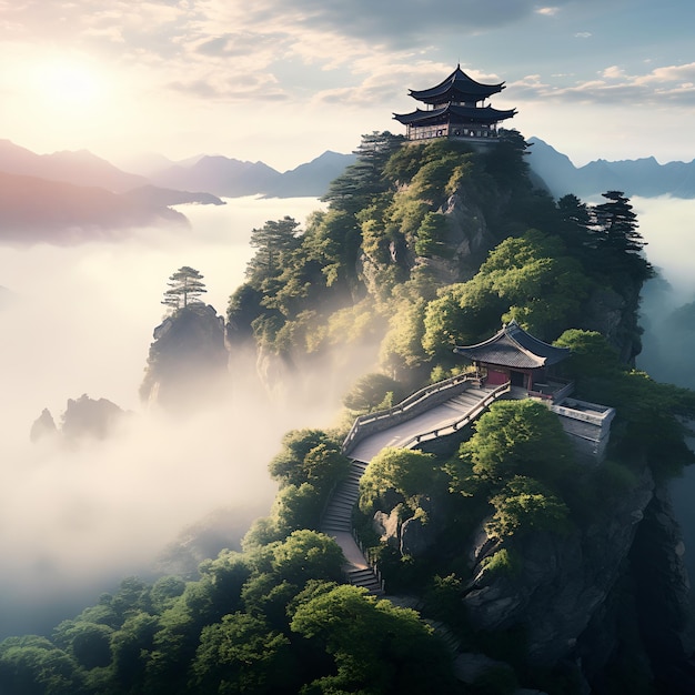 Temple au sommet d'une montagne dans les nuages
