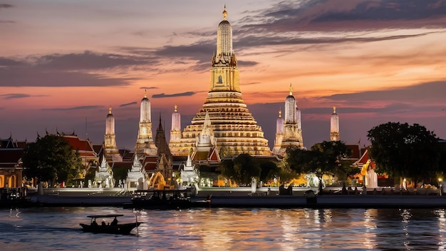 Le temple de l'aube au crépuscule de Bangkok, en Thaïlande