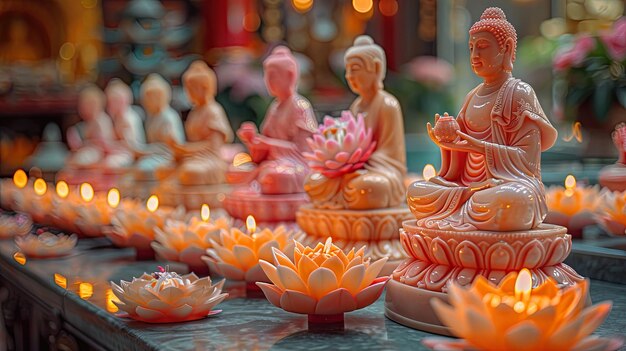 Temple bouddhiste serein avec des bougies et des statues de lotus éclairées