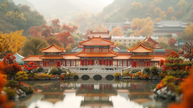 Temple chinois à l'automne avec réflexion sur le lac Focus sélectif